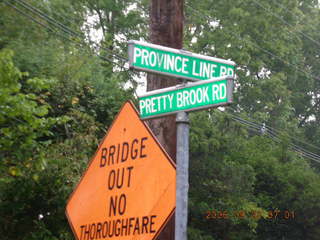 Princeton run -- Pretty Brook -- signpost -- BridgeOut sign