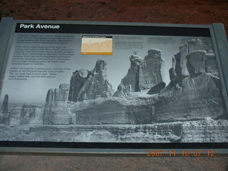12 6bj. Arches National Park - Park Avenue Trail at daybreak - sign