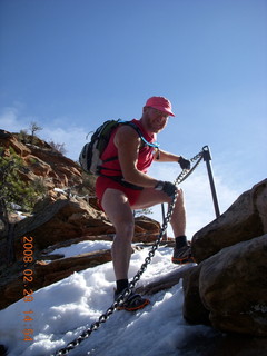 72 6eu. Zion National Park - Angels Landing hike - Adam coming down the icy part