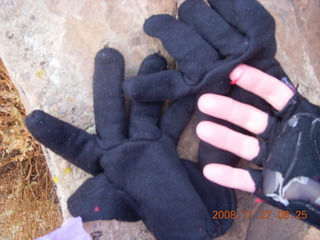 44 6pt. Canyonlands National Park - Lathrop trail hike - red threads in black gloves look like blood