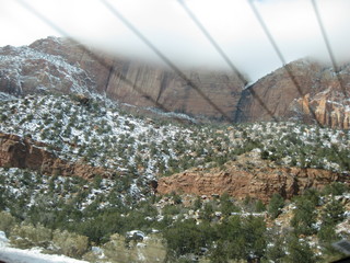 49 6qg. beth's Saturday zion-trip pictures - Zion National Park - cloud covered mountains and power lines seen from visitors center