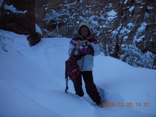 60 6ql. Zion National Park - Angels Landing hike - Beth taking my picture in shadow