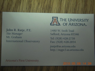 telescope at Mt. Graham - John's card