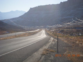 3 7dr. Moab trip - wires along Moab highway glowing in the morning sun