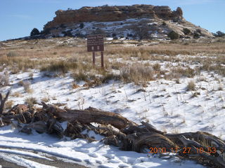 91 7dt. Moab trip - Canyonlands Lathrop hike - sign and butte