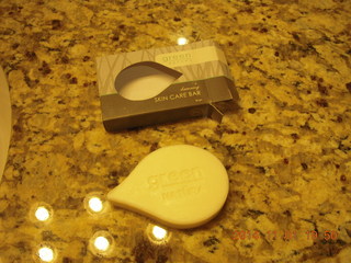 2 8t2. green tear-drop soap at hotel