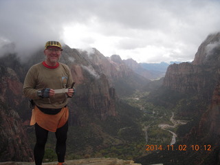 56 8t2. Zion National Park Angels Landing hike - Adam at the top with Forman Acton's slide rule
