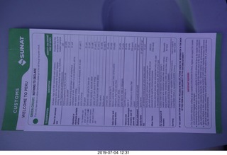 57 a0f. flight to Lima - customs card