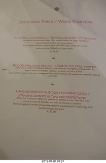 8 a0f. Peru - Aranwa Sacred Valley hotel dinner menu