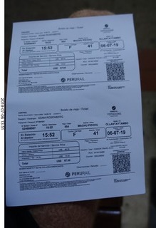 679 a0f. Peru - Peru - Aguas Calientes - Vistadome Train ticket