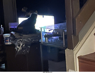 cat Potato hiding under chair at Cat Camp