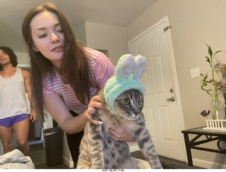 Olga with Potato with rabbit-ears cap