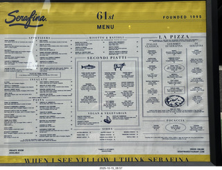 New York City - Serafina restaurant menu